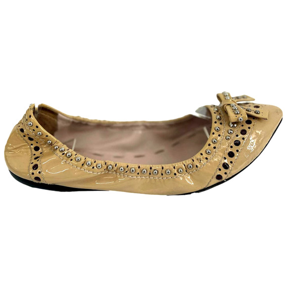 Miu Miu Flat Shoes Beige Leather Pointed Toe Bow Studded Flats Size 37 E… - Picture 8 of 11